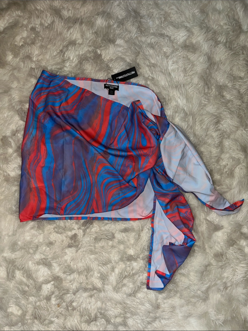 PrettyLittleThing Blue & Red Swirl Asymmetrical Draped Skirt
